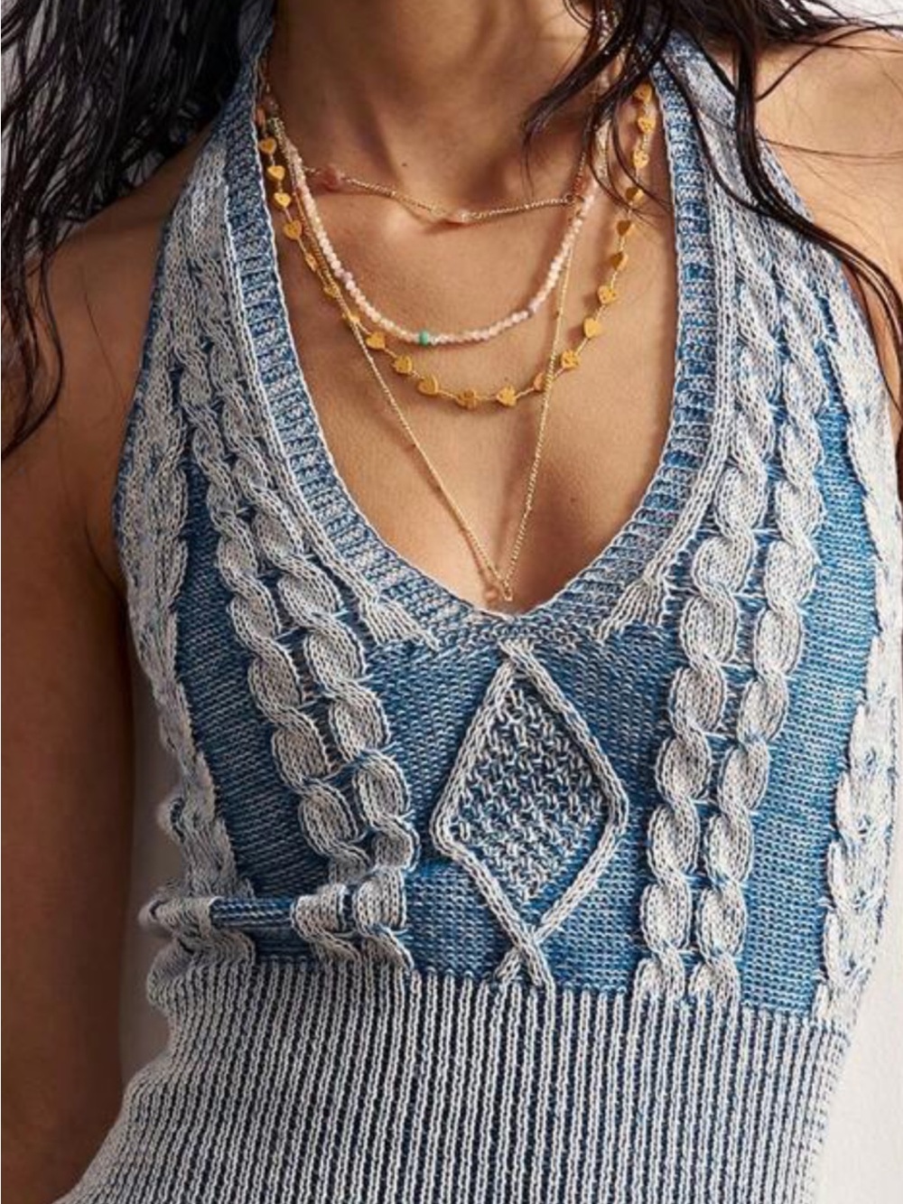 SHEIN Blue and White Knit Halter Cable Tank Top